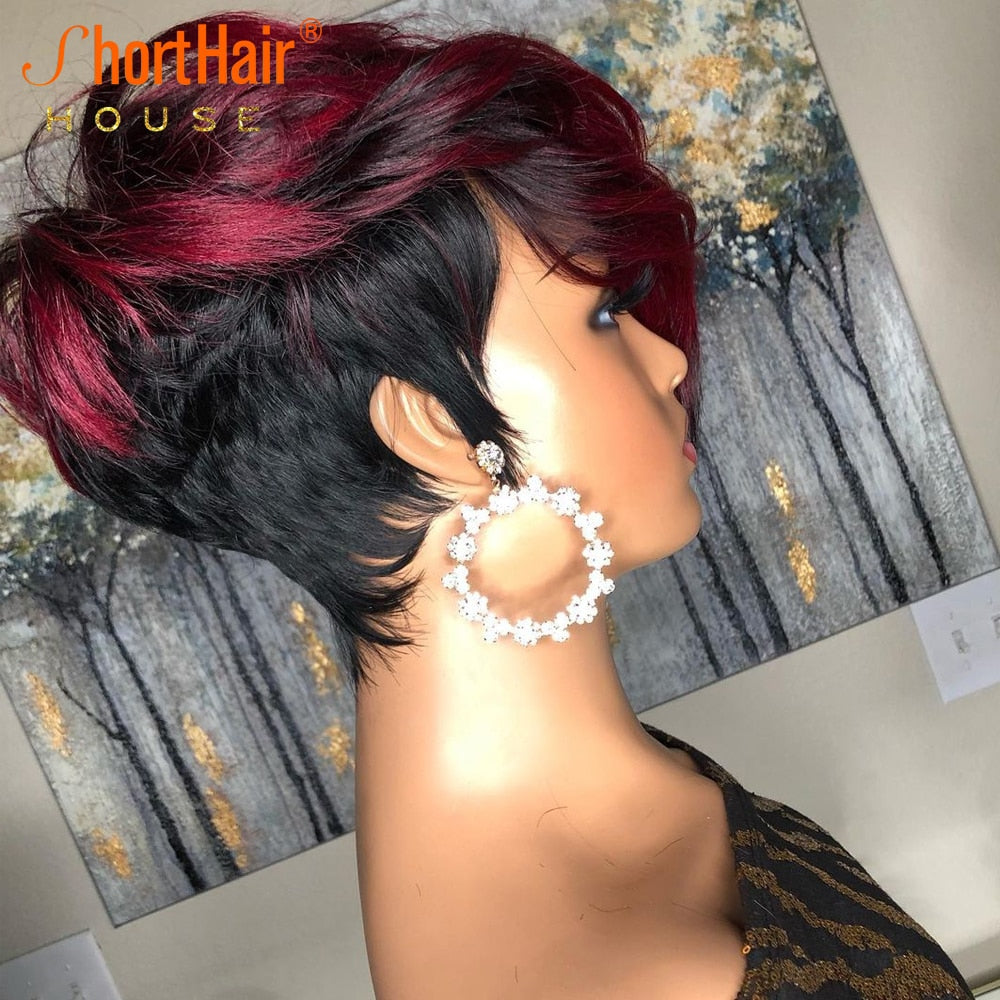 Dark Red Pixie Cut Wig Human Hair Short Bob Wig With Natural Bang Brazilian Wigs For Women Cosplay No Lace Front Human Hair Wig