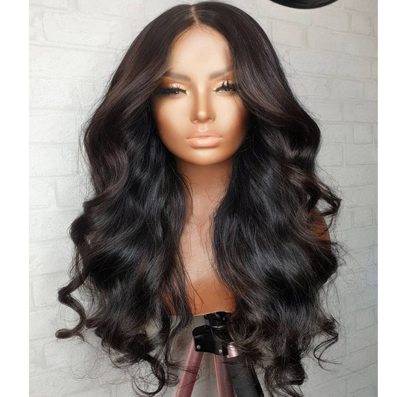 26Inch Long Body Wave Synthetic Lace Front Wigs For Black Women Preplucked Heat Resistant Daily Wear Fiber Glueless180%Density